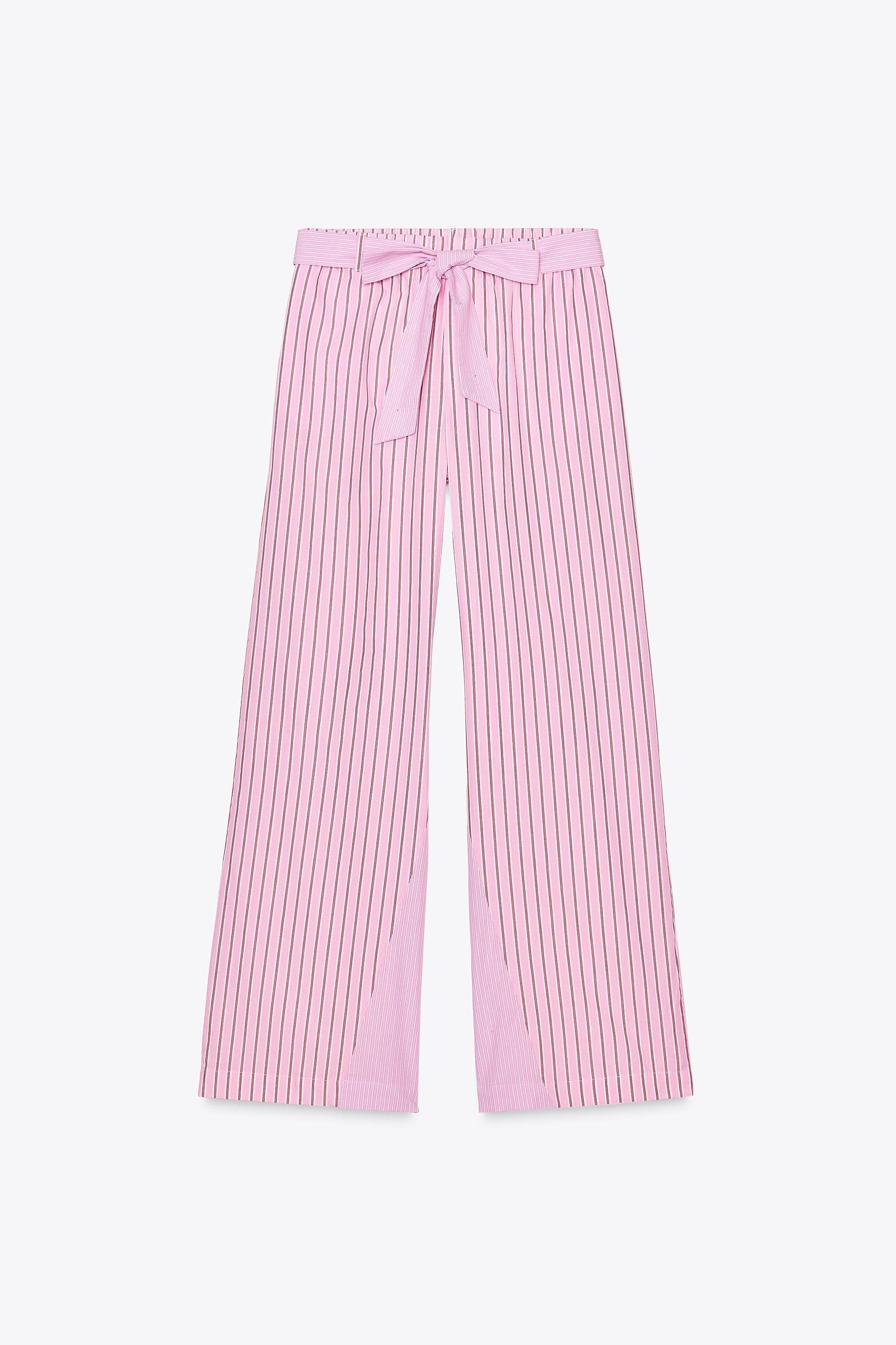 期間限定30％OFF! STRIPED POPLIN BELTED PANTS - Pink | ZARA United States パンツ