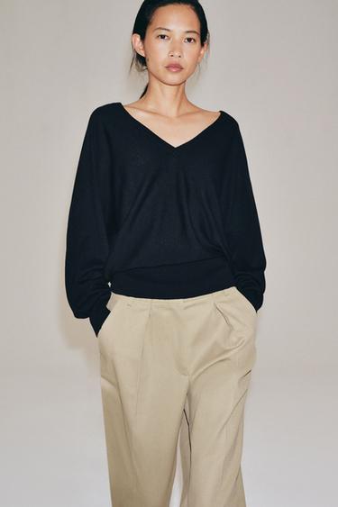 WOOL BLEND V-NECK JUMPER - Dark navy by Zara