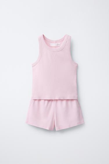 КОМПЛЕКТ ИЗ ФУТБОЛКИ-БОРЦОВКИ И ШОРТОВ В РУБЧИК С ЭФФЕКТОМ ПОТЕРТОСТИ — РОЗОВЫЙ от Zara