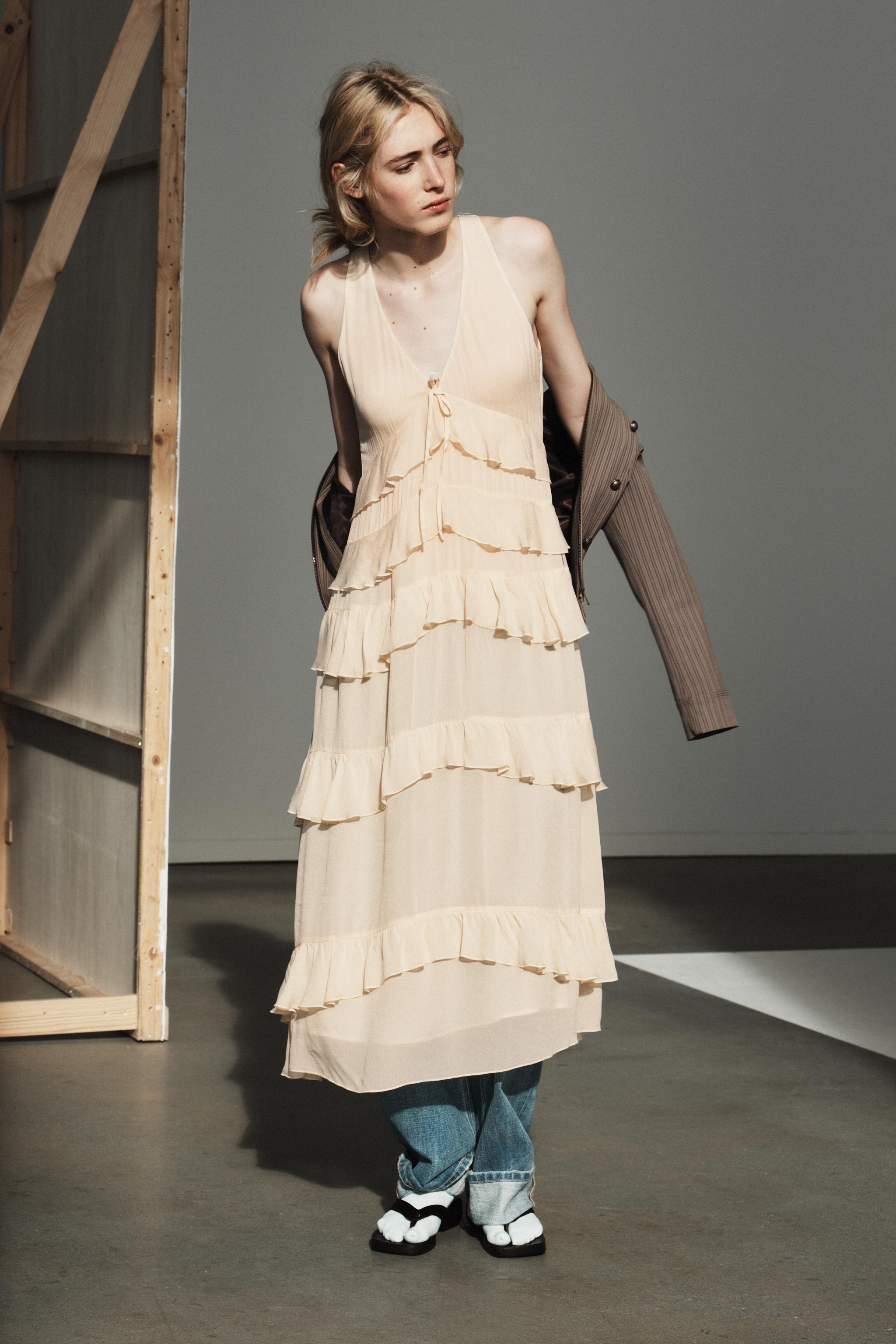 Ruffled Midi Dress - Cream