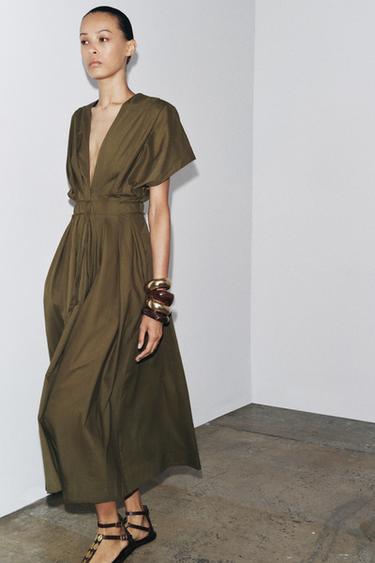 Zara ZW COLLECTION PLEATED MIDI DRESS - Dark khaki