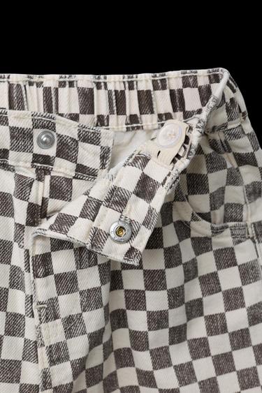 Zara CHECKERBOARD TWILL BAGGY PANTS - Ecru / Brown