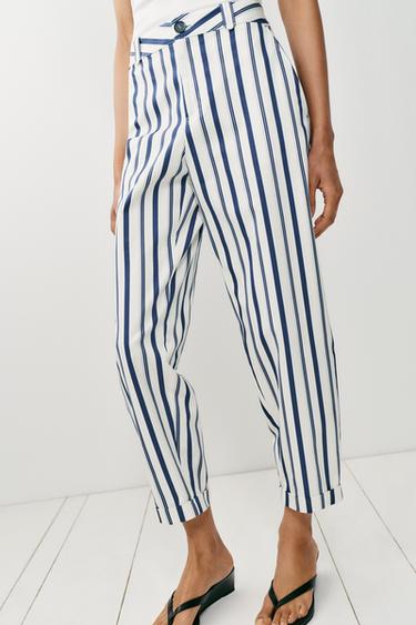 Zara STRIPED CHINO PANTS - Ecru / Navy