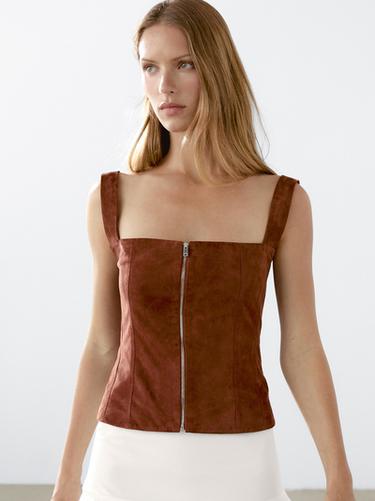 Zara Suede leather top with zip - Brick