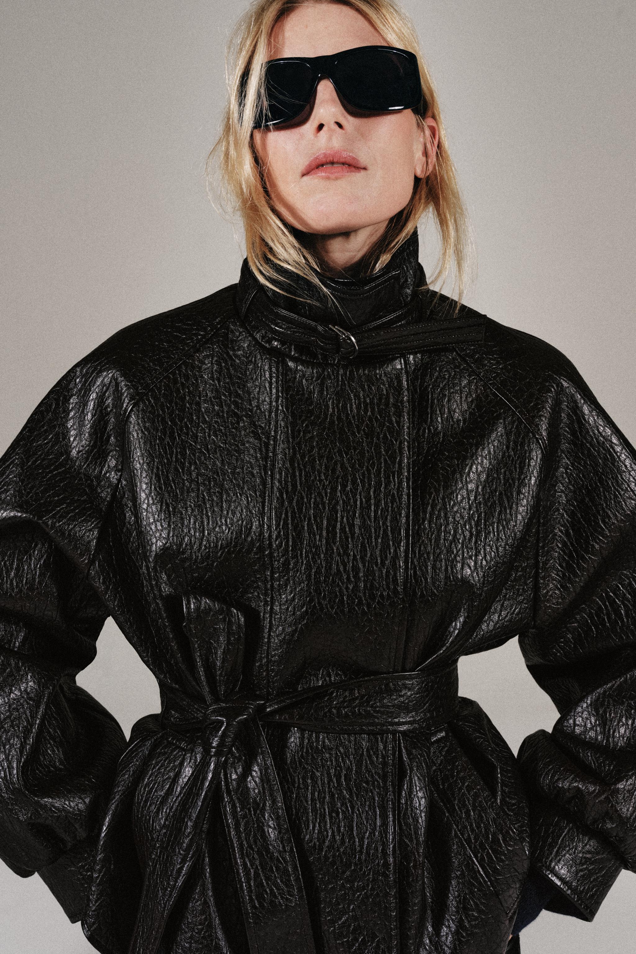 BELTED FAUX LEATHER JACKET — Brown