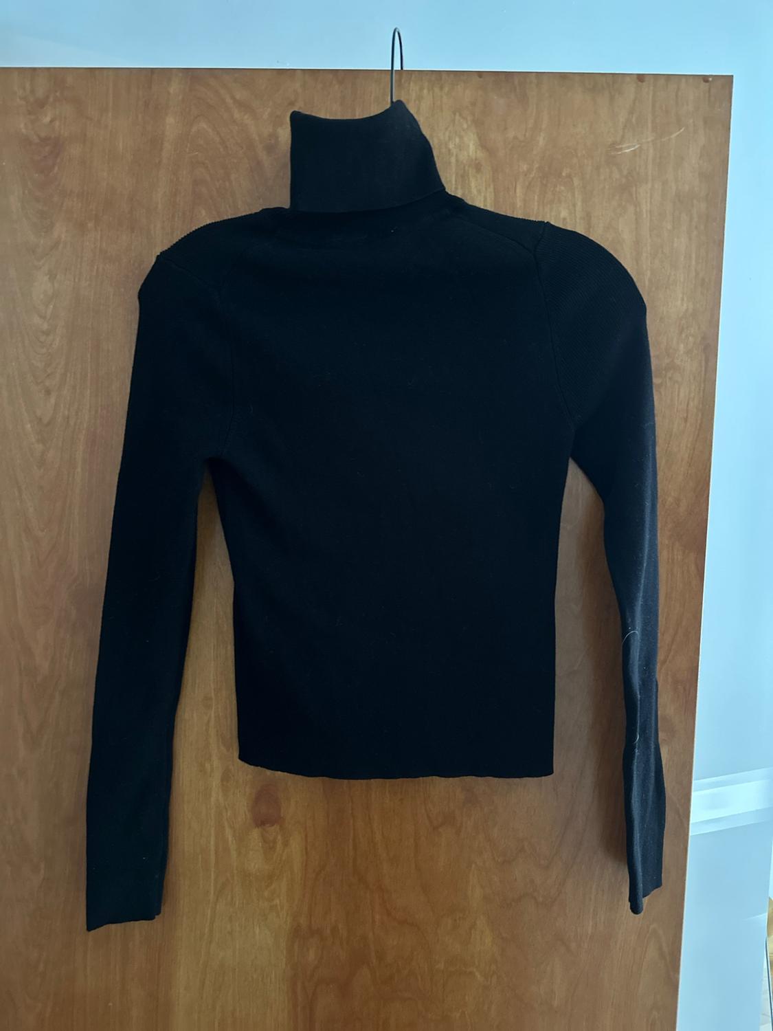 Black long-sleeved roll-neck jumper hanging on a hanger in front of a wooden door.