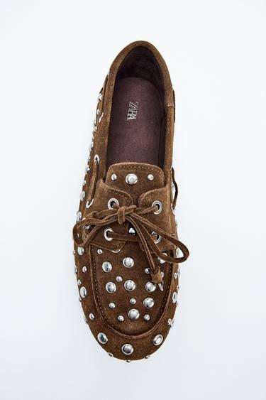 STUDDED SPLIT SUEDE DECK SHOES - Brown by Zara