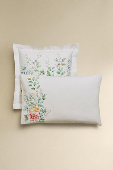 FLORAL PRINT COTTON PILLOWCASE - Oyster-white van Zara - Afbeelding 0