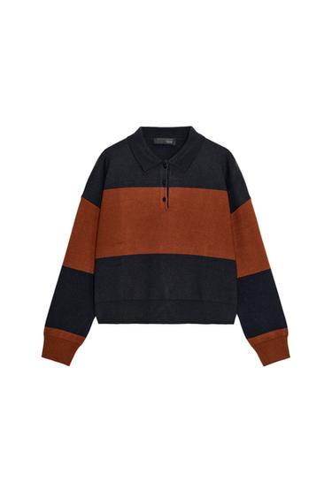 Front view of a multi-coloured wide-striped polo jumper, with a polo neck, long sleeves, and front buttons.