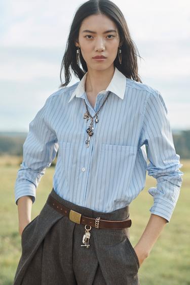 Zara CONTRAST COLLAR STRIPED SHIRT LIMITED EDITION - Blue