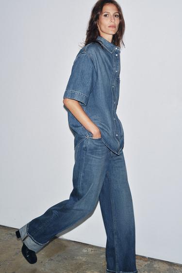 DENIM OVERHEMD MET KORTE MOUWEN ZW COLLECTION - Middenblauw van Zara
