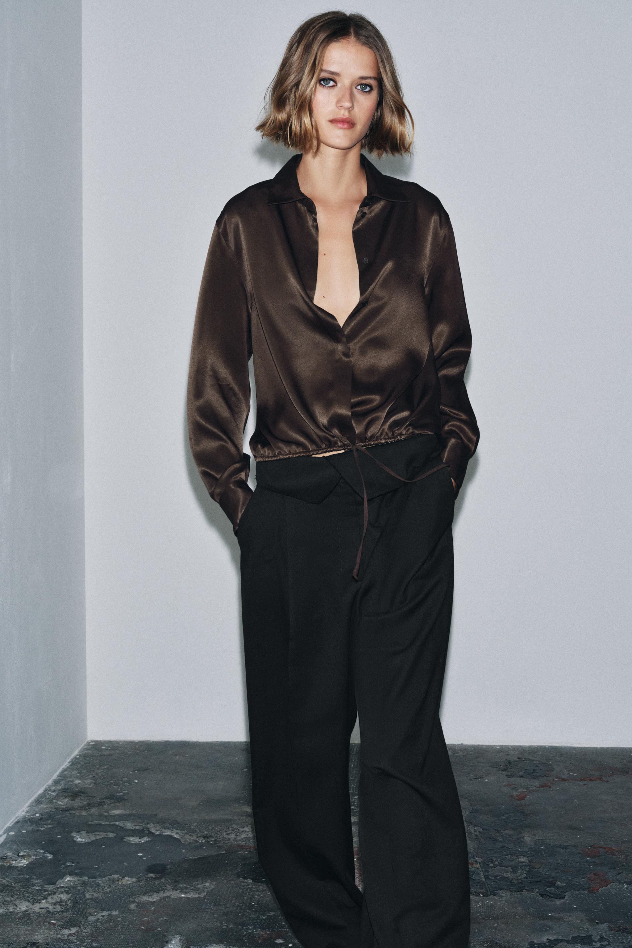 トップス ZM ZW COLLECTION SATIN EFFECT BLOUSE WITH TIES - Brown | ZARA