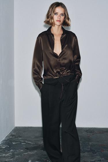 بلوزة ستان برباط ZW COLLECTION - بني الخاص بـ Zara - صورة 0