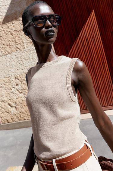LINEN BLEND KNIT WAISTCOAT TOP - Sand by Zara