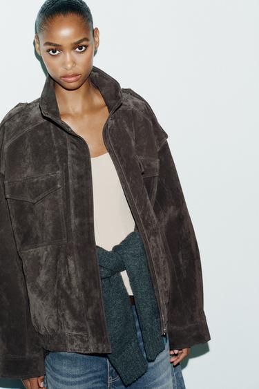 Zara SUEDE LEATHER JACKET - Charcoal