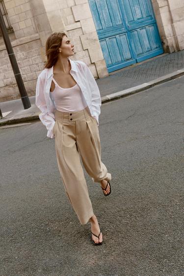 PANTALÓN ANCHO BAJO AJUSTABLE - Camel claro de Zara