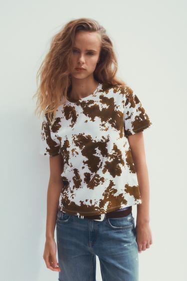 Zara PRINTED T-SHIRT - Ecru / Brown