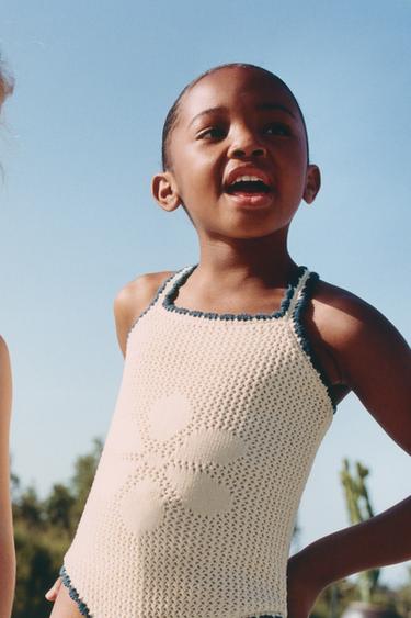 Zara 2-6 YEARS/ CROCHET KNIT FLORAL SWIMSUIT - Ecru / Blue