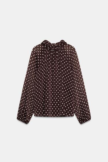 POLKA DOT BLOUSE WITH BOW - Brown / Ecru by Zara - Image 0