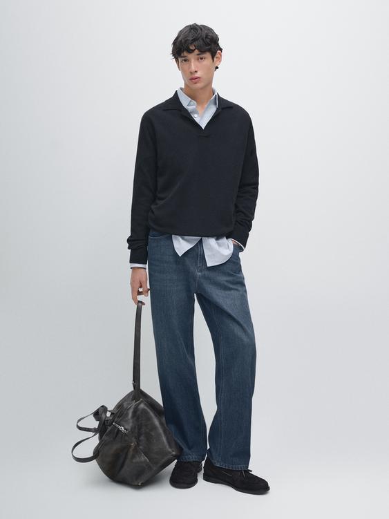 Wool V-neck knit polo sweater