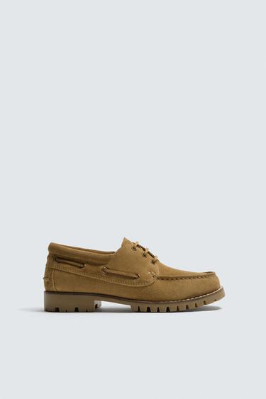 Zara LEATHER DECK SHOES - Khaki Green