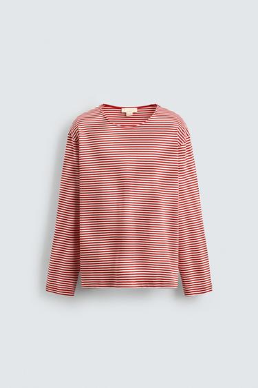 Zara LIMITED EDITION JACQUARD STRIPED T-SHIRT - Red / White