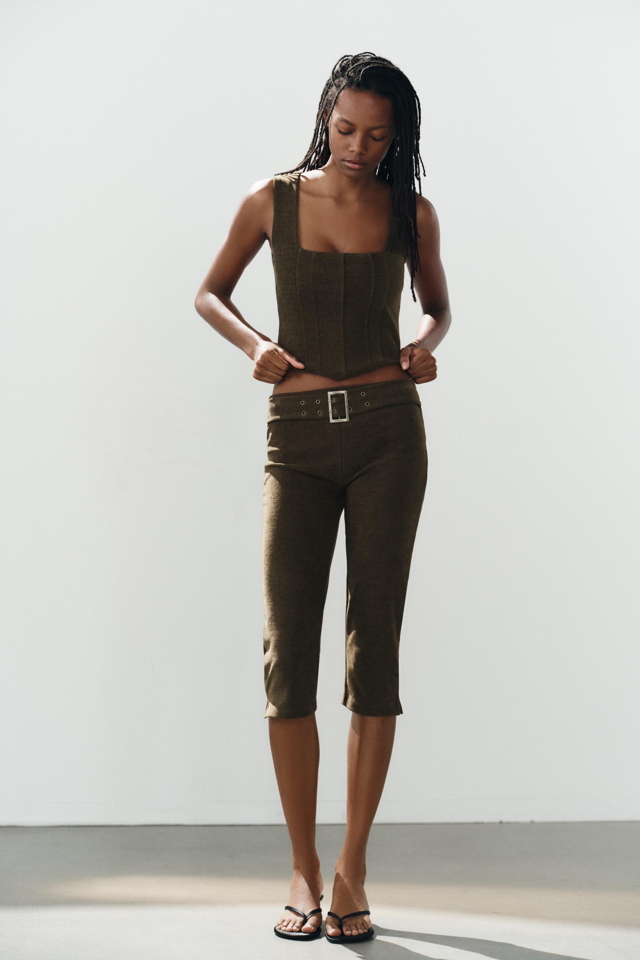 CORDUROY CAPRI PANTS WITH BELT — Dark olive