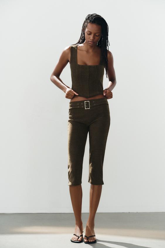 CORDUROY CAPRI TROUSERS WITH BELT - Dark olive by Zara - Image 0