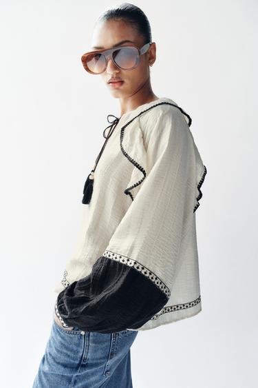 BLOUSE À VOLUME ET VOLANTS - Écru / Noir de Zara - Image 3