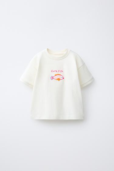 Zara FISH EMBROIDERY T-SHIRT - Ecru