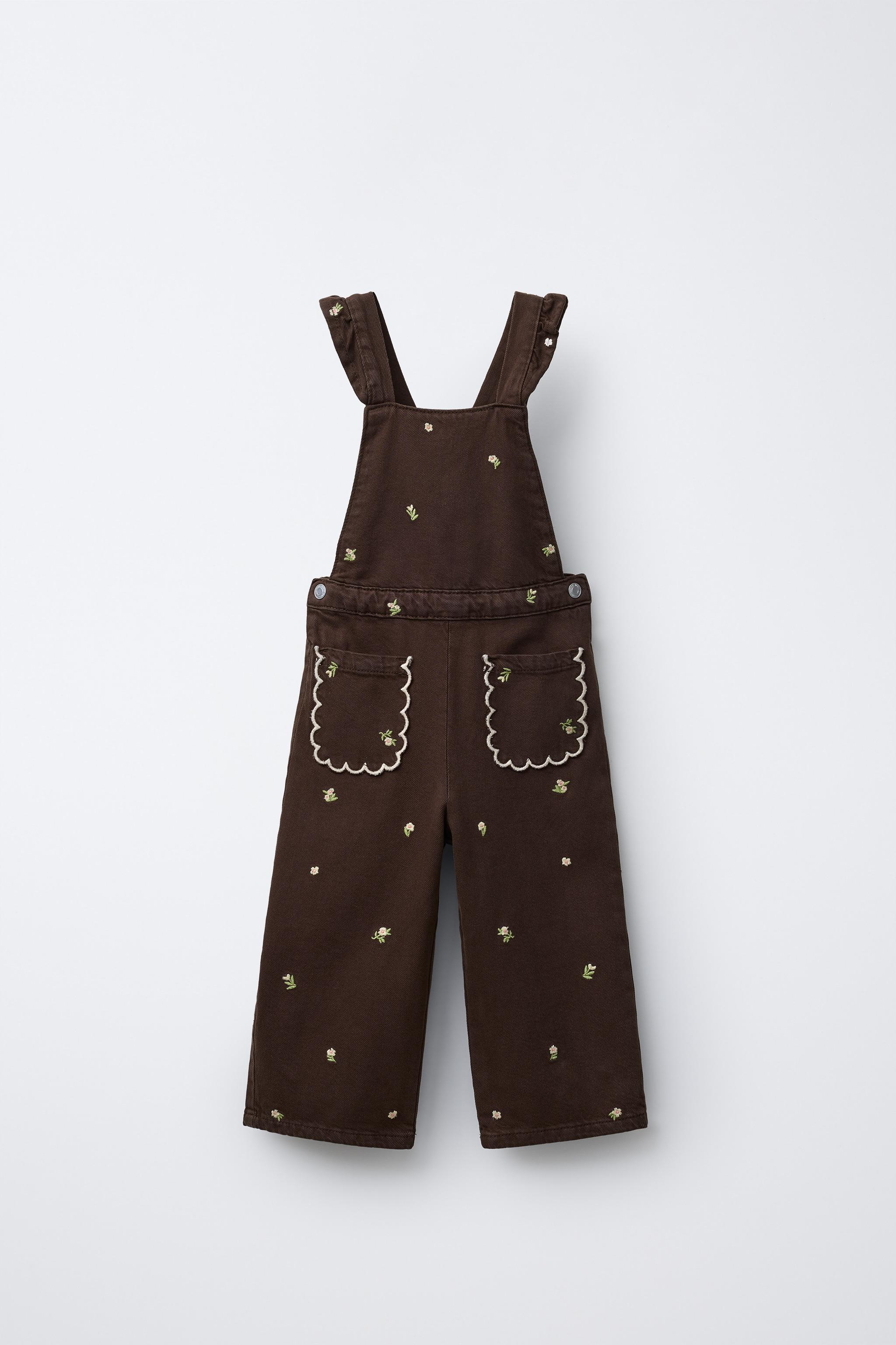 刺繍入りフラワーロングオーバーオール - ブラウン | ZARA Japan / 日本