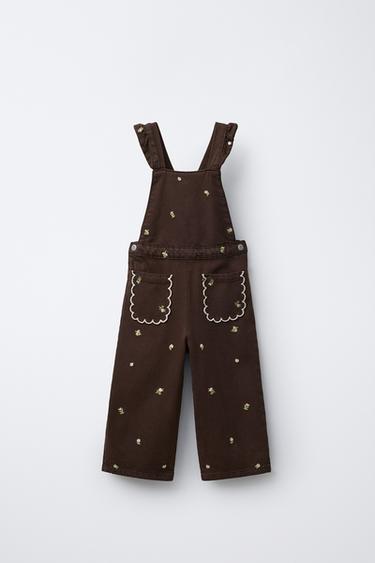 LONG DUNGAREES WITH EMBROIDERED FLOWERS - Brown by Zara