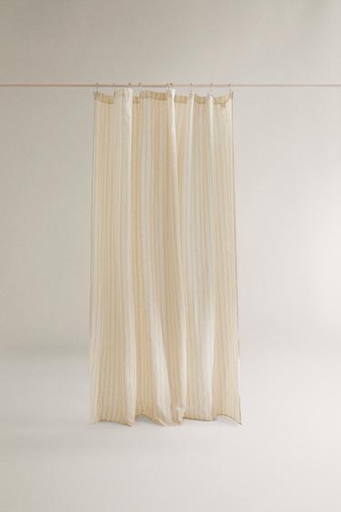 STRIPED LINEN SHOWER CURTAIN - Ecru / Green by Zara