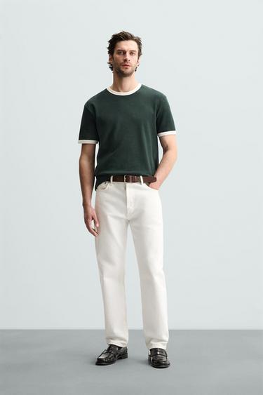 Zara BASIC CONTRAST RIB T-SHIRT - Dark green