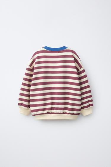 STRIPED PRINT SWEATSHIRT — Ecru / Maroon 2