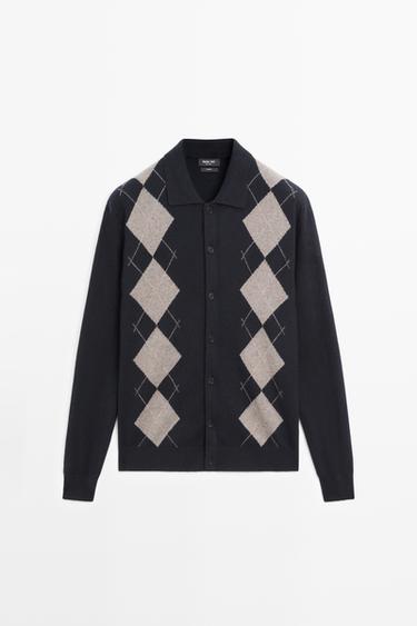 Zara 100% cashmere argyle cardigan with buttons - Navy blue - Image 0