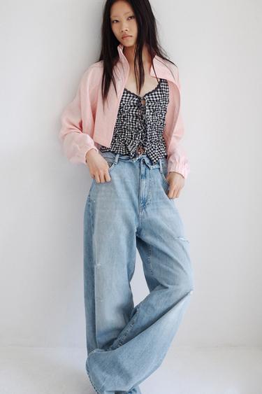 TRF ダメージ加工ミッドライズ折り返しウエストデニムパンツライトブルーZaraのTRF ダメージ加工ミッドライズ折り返しウエストデニムパンツ - ライトブルー 