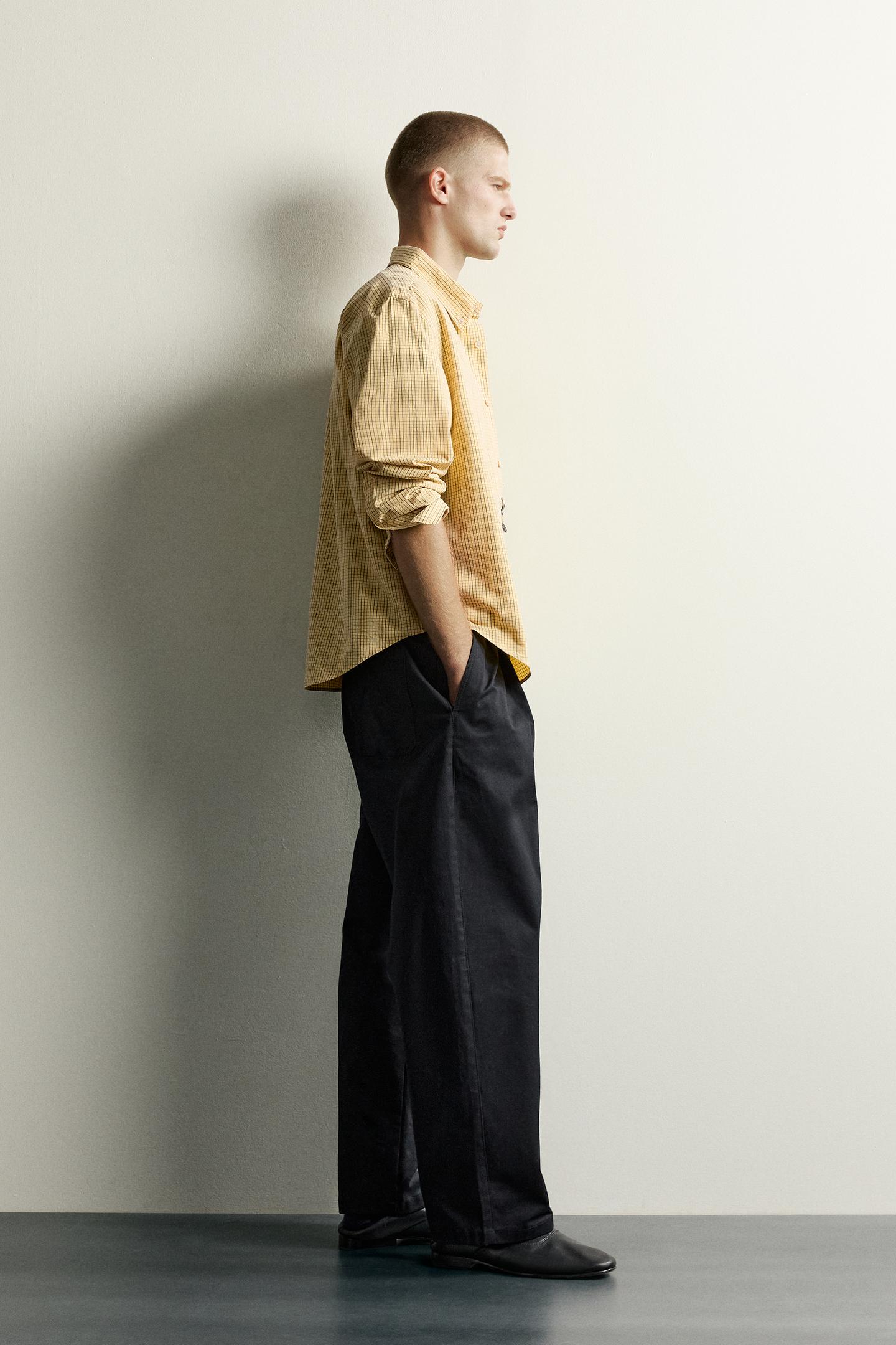 Мужская рубашка Zara Checked Relaxed Fit Cotton, цвет: Светлый жёлтый — фото 4