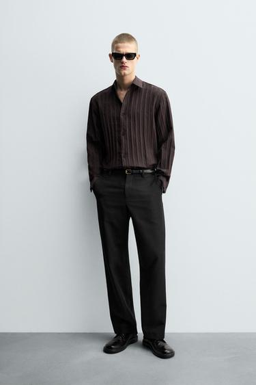 Zara STRIPED JACQUARD SHIRT - Brown