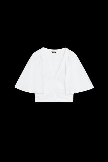 Zara LINEN BLEND BLOUSE WITH RUFFLE SLEEVES - White - Image 0
