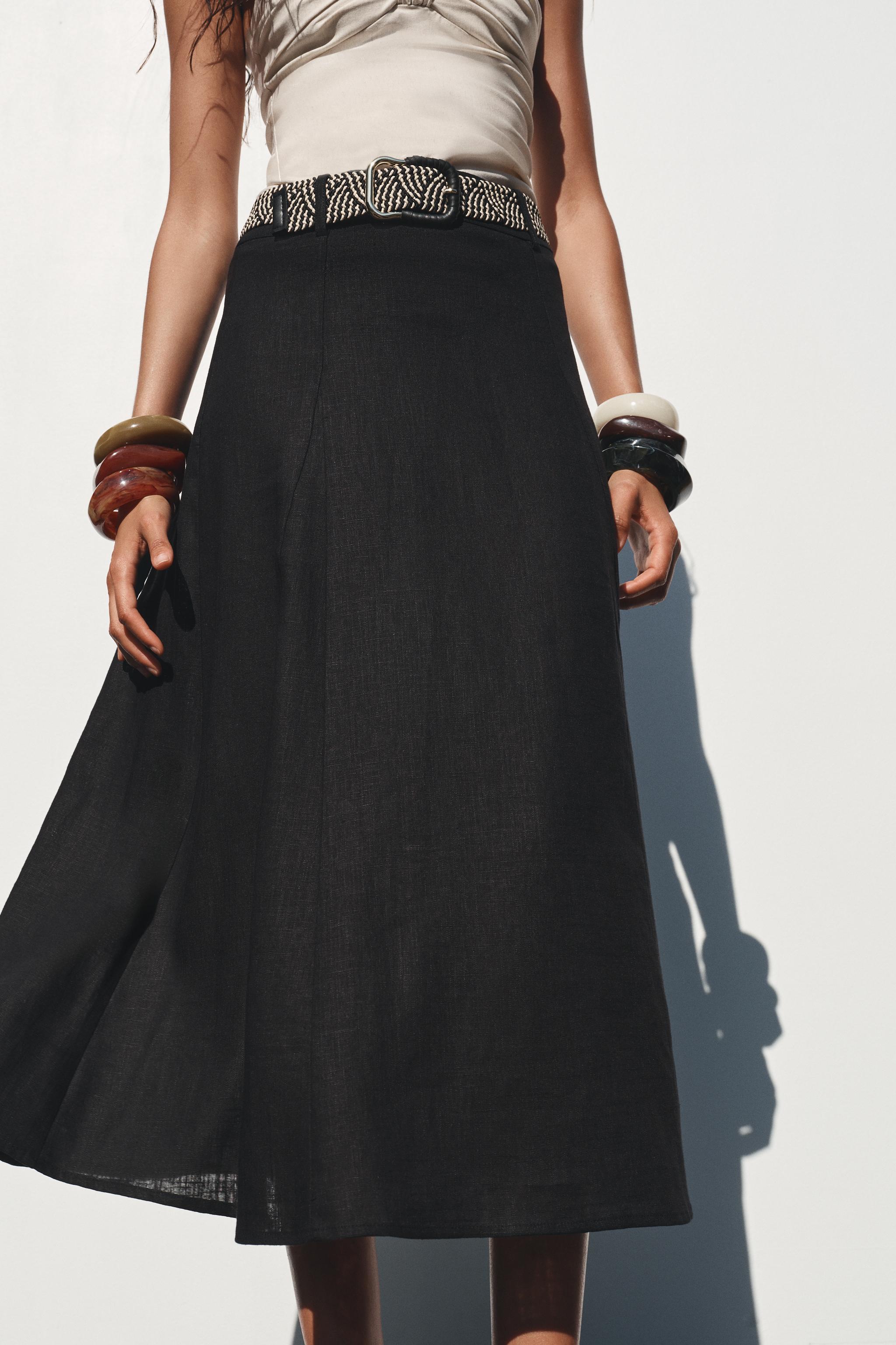 リネンベルト付きミディスカート - ブラック | ZARA Japan / 日本