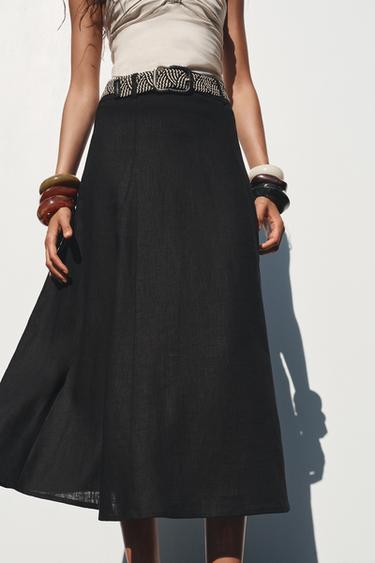 BELTED LINEN MIDI SKIRT - Black by Zara
