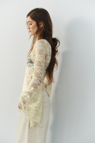 Zara LACE BELL SLEEVE BODYSUIT - Ecru
