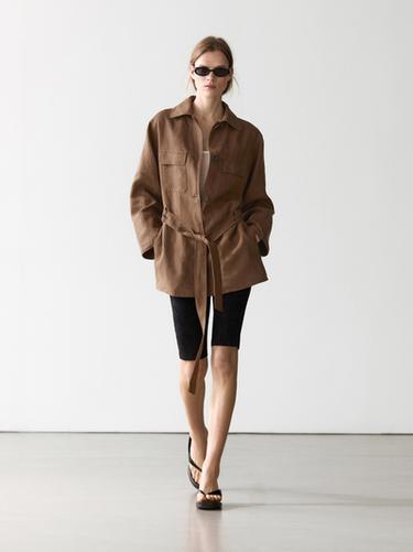 Zara Linen blazer with pockets and belt detail - Mink marl - Image 0