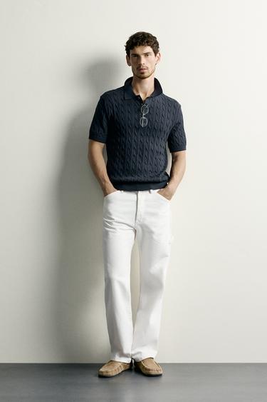 Zara CABLE-KNIT POLO SHIRT - Navy blue