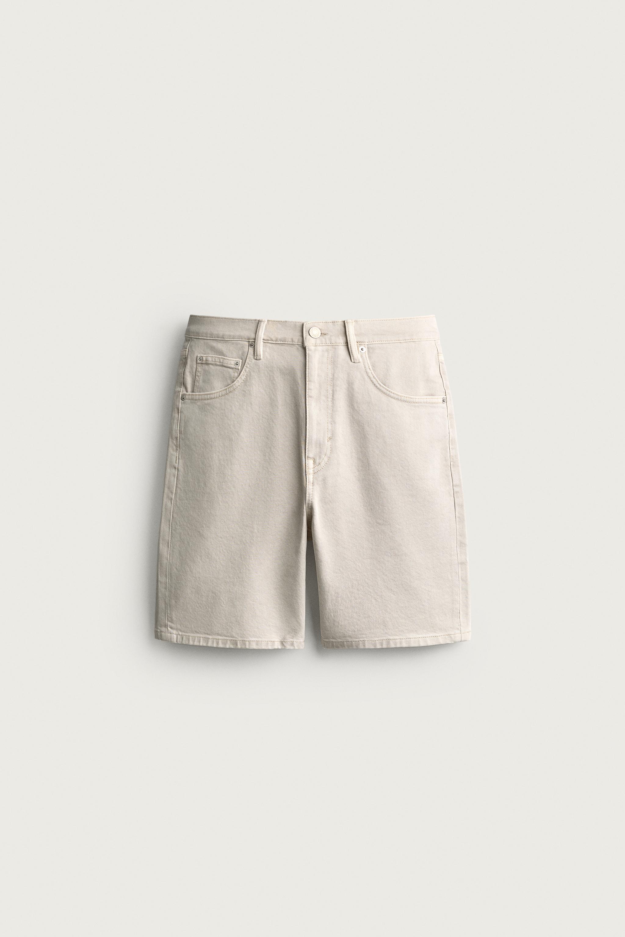 REGULAR FIT DENIM SHORTS — Ecru