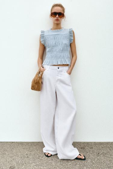 GINGHAM SMOCKED TOP - Ecru / Blue by Zara