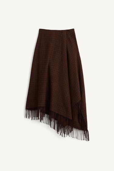 Zara LIMITED EDITION ASYMMETRIC HEM FRINGED SKIRT - Brown