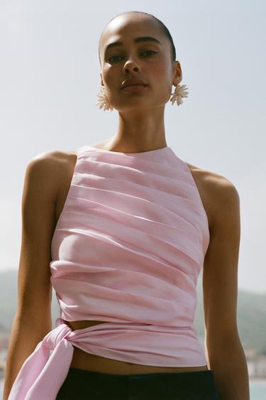 FITTED HALTER NECK POPLIN TOP WITH PLEATS AND BOW - Pink by Zara