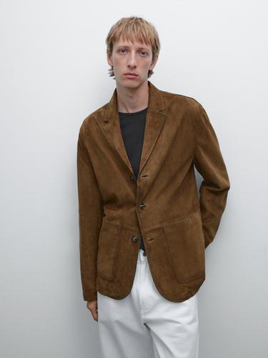 Zara Suede leather blazer with topstitching - Dark brown